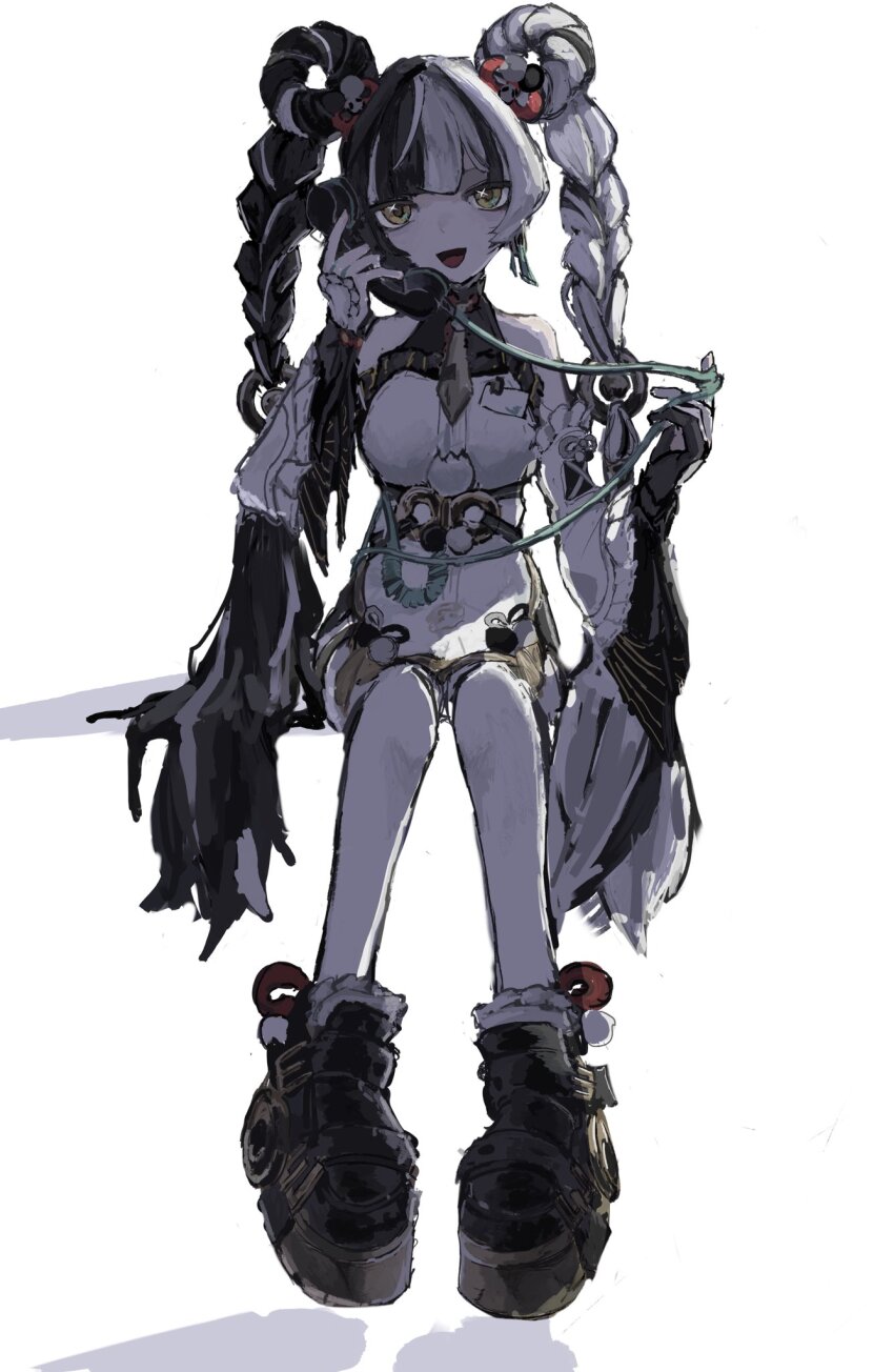 1girl apapapapapaaaap bare_shoulders black_hair black_shoes braid braided_twintails china_dress chinese_clothes commentary_request corded_phone detached_sleeves dialyn_(zenless_zone_zero) dress earrings full_body hair_extensions hair_ornament highres holding holding_phone id_card invisible_chair jewelry long_hair looking_at_viewer multicolored_hair necktie open_mouth panda_hair_ornament phone ring_hair_extensions shadow shoes simple_background sitting solo sparkling_eyes split-color_hair thighhighs white_background white_dress white_hair white_thighhighs wire yellow_eyes yellow_necktie zenless_zone_zero