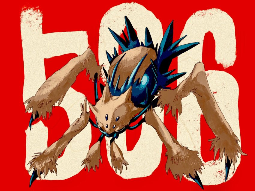 animal_focus black_eyes bug claws commentary_request full_body galvantula gen_5_pokemon gogot highres nintendo no_humans pokedex_number pokemon pokemon_(creature) pokemon_focus red_background solo spider yellow_fur