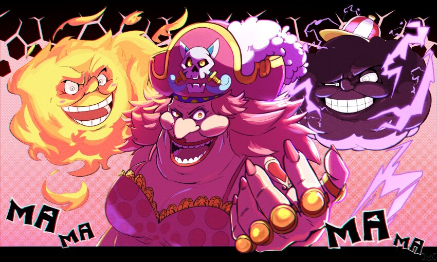 1girl 2others arm_tattoo blush_stickers charlotte_linlin commentary dress electricity english_commentary evil_grin evil_smile fire grin hat hat_feather highres jewelry letterboxed long_hair looking_at_viewer micro_(antisocialmicro) multiple_others one_piece open_mouth pink_dress pink_hair pink_nails pirate_hat prometheus_(one_piece) ring smile tattoo upper_body zeus_(one_piece)