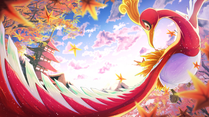 absurdres bird blurry building closed_mouth cloud commentary_request day falling_leaves flying gen_2_pokemon highres ho-oh leaf legendary_pokemon looking_back nintendo no_humans outdoors pokemon pokemon_(creature) red_eyes ririri_(user_rkrv7838) sky smile solo tower tree