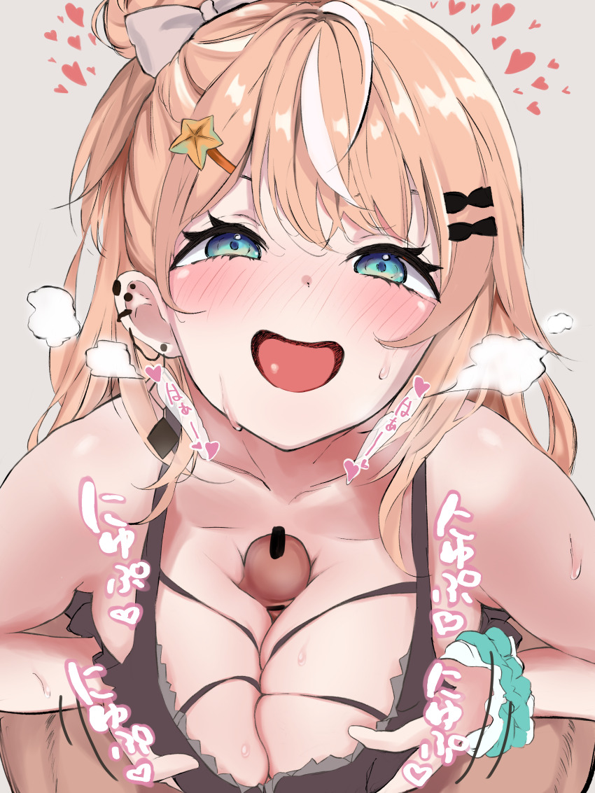 1girl absurdres asymmetrical_hair bar_censor bare_shoulders black_dress blue_eyes blush bow breasts breasts_squeezed_together breath censored cleavage collarbone dress ear_piercing hair_bow hair_bun hair_ornament hairclip half-closed_eyes heart hetero highres igarashi_rika large_breasts leaning_forward long_hair looking_at_viewer medium_breasts multi-strapped_shirt multicolored_hair nijisanji nose_blush open_mouth orange_hair paizuri penis piercing pov scrunchie shuubetsukouta single_side_bun skindentation smile solo_focus star_(symbol) star_hair_ornament streaked_hair sweat virtual_youtuber white_hair wrist_scrunchie