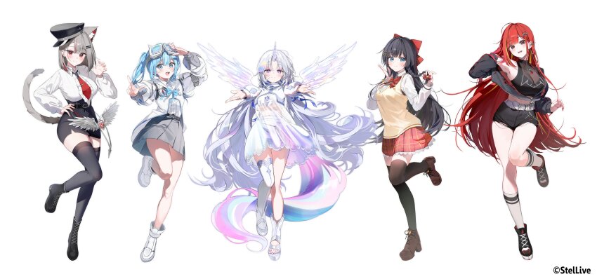 5girls absurdres akane_lize animal_ear_fluff animal_ears arahashi_tabi ayatsuno_yuni black_boots black_hair black_skirt black_thighhighs blonde_hair blue_hair boots bow cat_ears cat_tail extra_ears full_body grey_hair hair_bow hat highres iop5509 long_hair long_sleeves looking_at_viewer military_hat mole mole_under_eye multicolored_hair multicolored_tail multiple_girls necktie neneko_mashiro official_art open_mouth red_hair red_necktie school_uniform shirayuki_hina shirt simple_background skirt smile socks standing standing_on_one_leg stellive streaked_hair tail thighhighs unicorn_girl virtual_youtuber white_background white_boots white_shirt white_socks zettai_ryouiki