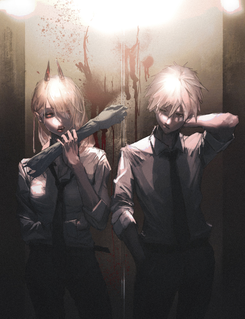 1boy 1girl absurdres black_necktie black_pants blonde_hair blood blood_on_wall breasts chainsaw_man collared_shirt cross-shaped_pupils demon_girl demon_horns denji_(chainsaw_man) elevator elevator_door guro hair_between_eyes hand_in_pocket hand_on_own_neck highres holding_limb horns light_particles lips long_hair looking_at_another necktie neg_(101neg) open_mouth pants partially_shaded_face power_(chainsaw_man) red_horns ringed_eyes severed_arm severed_limb shadow sharp_teeth shirt shirt_tucked_in short_hair sleeves_rolled_up symbol-shaped_pupils teeth white_shirt yellow_eyes
