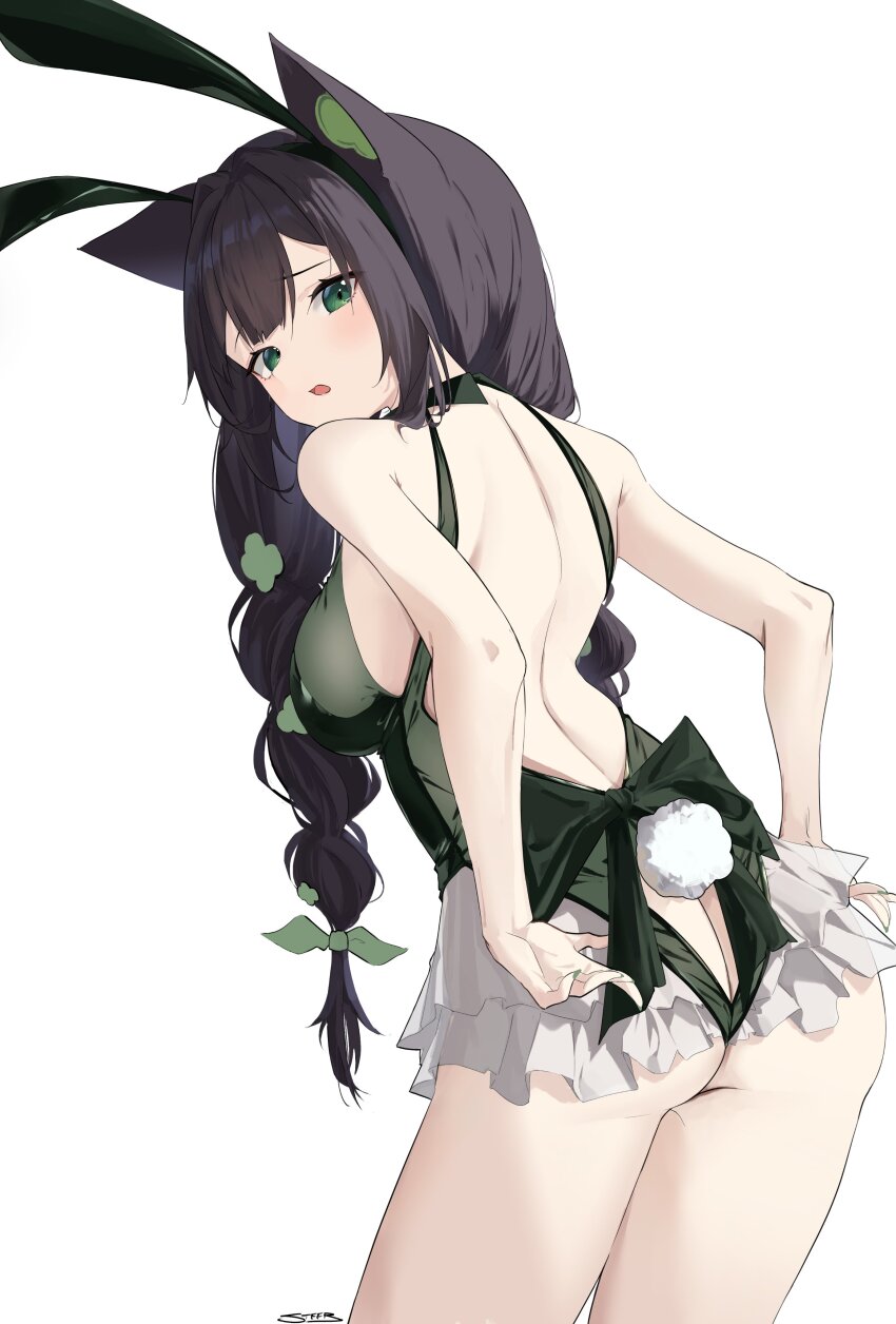 1girl absurdres animal_ears ass ass_cutout back backless_leotard bare_back bare_shoulders black_hair braid breasts cat_ears clothing_cutout commentary commission cowboy_shot fake_animal_ears fake_tail frilled_leotard frills from_behind green_eyes green_leotard hair_ornament highres indie_virtual_youtuber kitsunya_(vtuber) leotard long_hair looking_at_viewer looking_back median_furrow medium_breasts open_mouth playboy_bunny rabbit_ears rabbit_tail simple_background skeb_commission solo standing steeb tail thighs twin_braids virtual_youtuber white_background