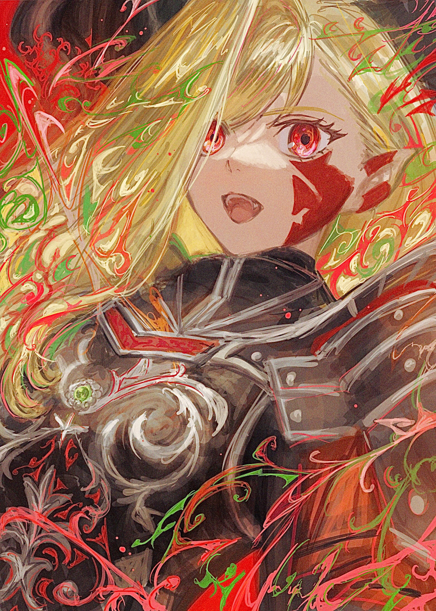 1girl armor blonde_hair edaori facial_mark fate/grand_order fate_(series) highres long_hair nero_claudius_(fate) open_mouth pointy_ears queen_draco_(fate) queen_draco_(third_ascension)_(fate) red_eyes solo upper_body