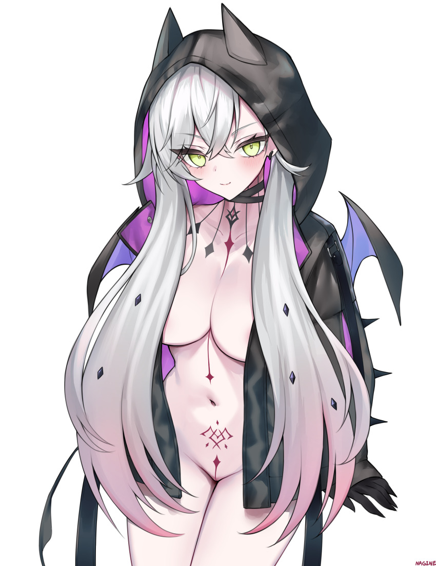 1girl absurdres black_hands black_jacket blush body_markings breasts choker cleavage colored_extremities crossed_bangs demon_girl demon_horns demon_wings ear_piercing fate/grand_order fate_(series) green_eyes grey_hair hair_between_eyes highres hood horns jacket large_breasts lilith_(fate) long_hair long_sleeves looking_at_viewer nagine naked_jacket navel piercing sidelocks smile solo thighs white_background wings