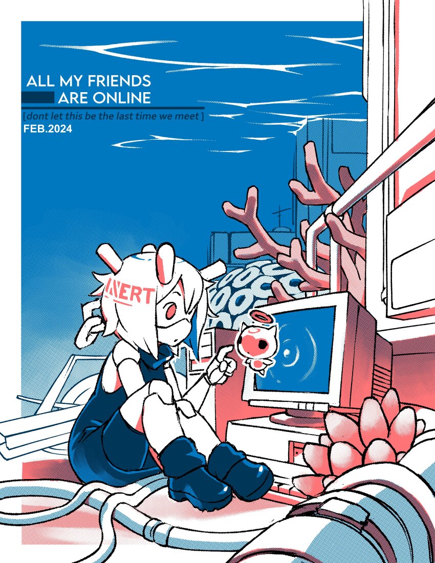 1girl 2024 absurdres black_dress black_shoes black_shorts chain colored_skin commentary computer coral creature dress english_commentary english_text floating full_body halo highres joints looking_at_another medium_hair orange_eyes original orisghost outside_border parted_lips screentones shoes shorts through_medium through_screen underwater white_hair white_skin