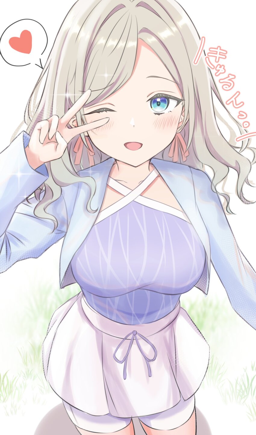 1girl ;d absurdres bike_shorts bike_shorts_under_skirt blue_eyes blue_jacket blush breasts ceras_yanagida_lilienfeld ceras_yanagida_lilienfeld_(summer_training_wear) collarbone commentary_request cowboy_shot criss-cross_halter cropped_jacket grey_hair hair_intakes hair_ribbon halter_shirt halterneck highres iroha_(nami3) jacket large_breasts link!_like!_love_live! looking_at_viewer love_live! miniskirt one_eye_closed open_clothes open_jacket open_mouth pink_ribbon pleated_skirt purple_shirt ribbon shirt shorts shorts_under_skirt skirt sleeveless sleeveless_shirt smile solo standing translation_request v v_over_eye virtual_youtuber white_shorts white_skirt