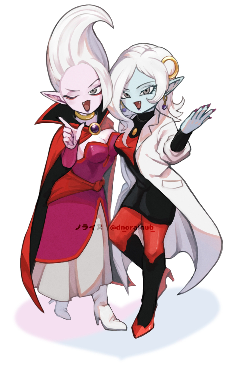 2girls black_leggings black_tunic blue_skin breasts bridal_gauntlets cape choker cleavage colored_skin commentary_request d_norainu_b demon_girl dr._arinsu dragon_ball dragon_ball_daima dragon_ball_heroes dress earrings eyeshadow fang fingernails floating_hair gem gold_choker grey_eyes hair_ornament high_heels highres in-franchise_crossover index_finger_raised jewelry knee_up lab_coat leggings long_fingernails long_hair looking_at_viewer looking_to_the_side makeup medium_breasts multicolored_leggings multiple_girls official_alternate_costume one_eye_closed open_mouth pink_bridal_gauntlets pink_dress pink_skin pointy_ears purple_gemstone red_cape red_eyeshadow red_leggings red_nails red_shoes scientist shoes smile sphere_earrings towa_(dragon_ball) trait_connection tunic twitter_username white_background white_shoes