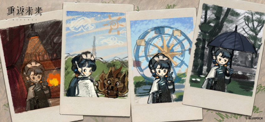 1girl black_dress black_gloves black_hair black_hat black_umbrella brown_background cape copyright_name copyright_notice crayon_drawing dress fake_photograph faux_traditional_media ferris_wheel fireplace gloves hand_up hat highres holding holding_umbrella liang_yue_(reverse:1999) logo long_hair looking_at_viewer low_twintails monster official_art official_wallpaper painting_(object) polaroid_photo police police_uniform policewoman qiangliang_(reverse:1999) reverse:1999 side_cape sun_symbol twintails umbrella v white_cape
