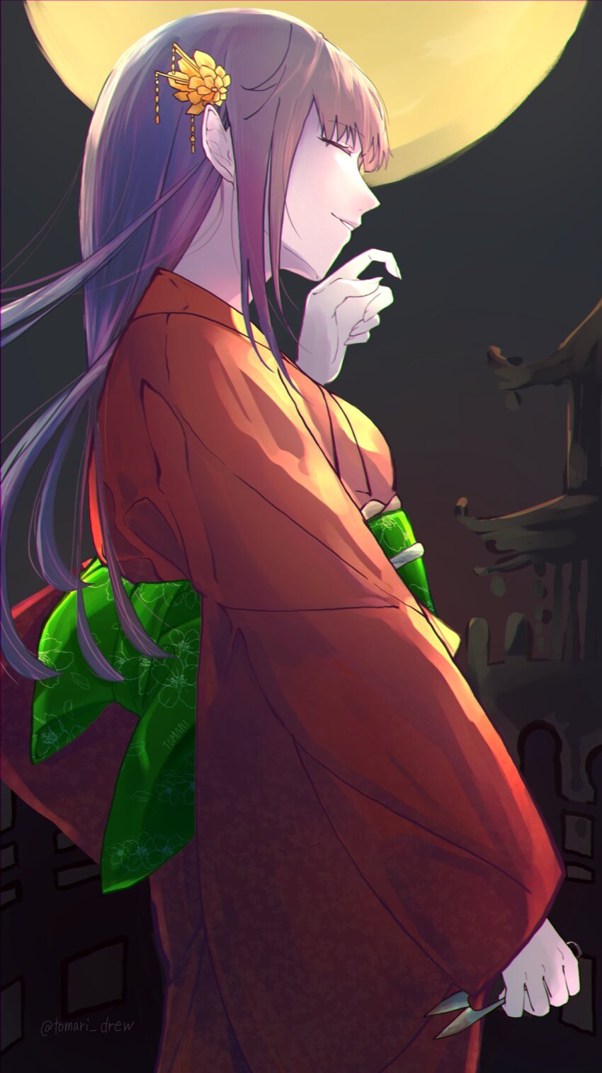 1girl ^_^ architecture blood bloody_weapon blunt_bangs closed_eyes east_asian_architecture enbizaka_no_shitateya_(vocaloid) evillious_nendaiki false_smile full_moon green_sash hair_ornament highres holding holding_scissors japanese_clothes kanzashi kimono megurine_luka moon night night_sky obi pale_skin pink_hair profile red_kimono red_sky sash scissors sky smile solo sudou_kayo tomari_drew twin_blades_of_levianta vessel_of_sin vocaloid weapon wide_sleeves yellow_moon