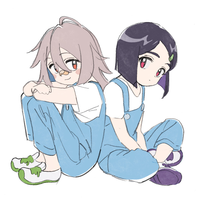 2girls bandaid bandaid_on_face bandaid_on_nose black_hair blue_overalls blush brown_hair closed_mouth do_it_yourself!! full_body hair_ornament hairclip highres looking_at_viewer messy_hair multiple_girls nnn-ollll overalls red_eyes shirt shoes short_hair short_sleeves simple_background sitting sketch suride_miku white_background white_shirt yua_serufu