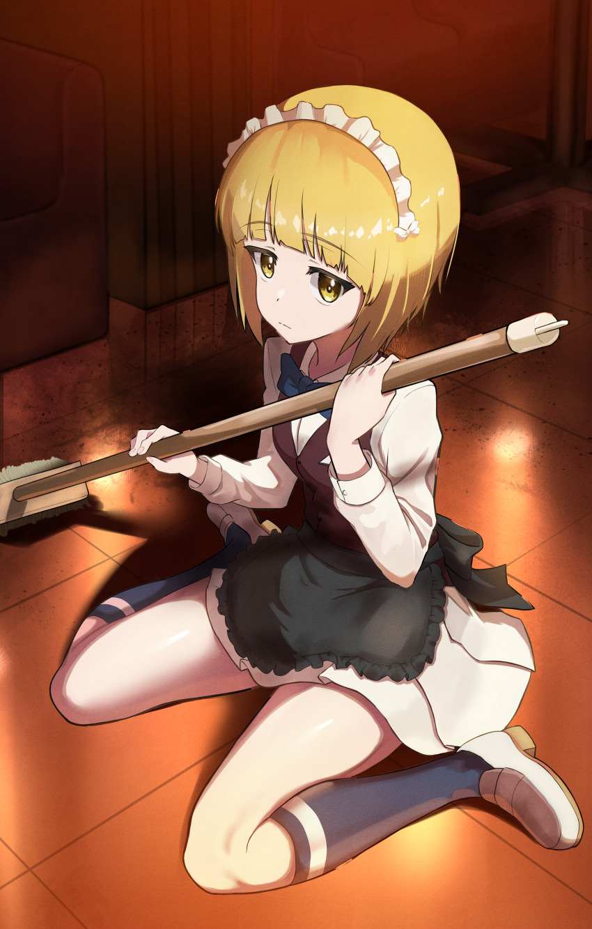 1girl absurdres apron bartender black_apron black_bow black_bowtie blonde_hair blue_socks blunt_bangs bob_cut bow bowtie broom brown_vest closed_mouth cutlass_(girls_und_panzer) dress_shirt frilled_apron frills girls_und_panzer handkerchief highres holding holding_broom indoors kneehighs lazurite_(user_8870367) light_frown loafers long_sleeves looking_at_viewer maid_headdress miniskirt on_floor ooarai_naval_school_uniform pleated_skirt school_uniform shirt shoes short_hair single_horizontal_stripe sitting skirt socks solo vest waist_apron wariza white_shirt white_shoes white_skirt wing_collar yellow_eyes