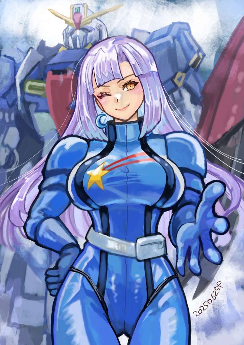 1girl absurdres aeug beam_rifle blue_background breasts brown_eyes commentary cowboy_shot dated earrings energy_gun gundam gundam_zz highres jewelry long_hair looking_at_viewer mecha mecha_pilot_suit medium_breasts mobile_suit normal_suit_(gundam) okrdisk2000 purple_hair robot roux_louka science_fiction smile star_(symbol) star_print weapon zeta_gundam zeta_gundam_(mobile_suit)