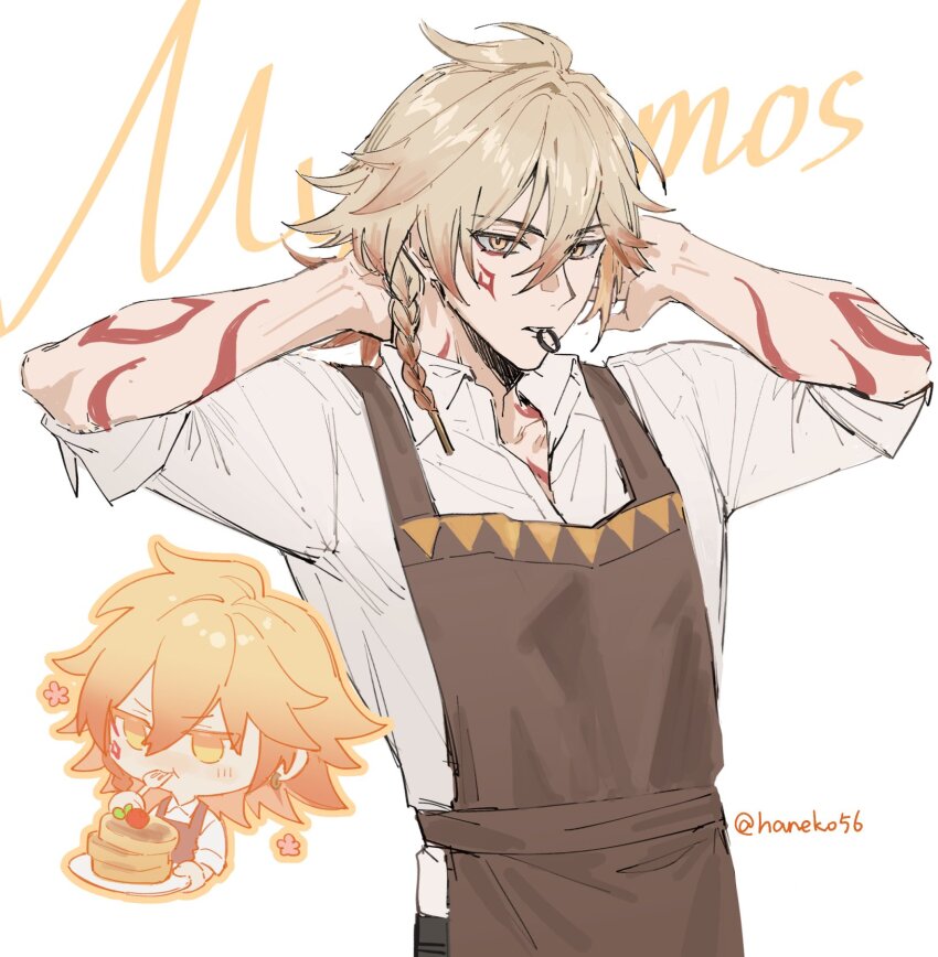 1boy adjusting_hair akabane_yu apron arm_tattoo black_pants blonde_hair braid brown_apron character_name chibi chinese_commentary collared_shirt commentary_request facial_tattoo food fork gradient_hair hair_between_eyes hair_tie_in_mouth highres holding holding_fork holding_plate honkai:_star_rail honkai_(series) male_focus medium_hair mouth_hold multicolored_hair mydei_(honkai:_star_rail) official_alternate_costume pancake pancake_stack pants plate red_hair red_tattoo shirt side_braid simple_background solo tattoo twitter_username white_background white_shirt yellow_eyes