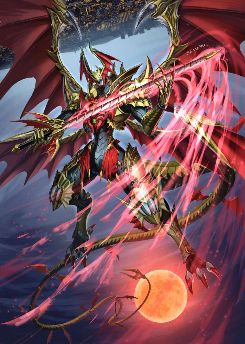 absurdres animalization armor aura bad_id bad_pixiv_id city claws dragon dragon_horns dragon_tail dragon_wings energy_sword fingernails full_armor gold_armor head_wings highres holding holding_sword holding_weapon horns kamen_rider kamen_rider_kiva kamen_rider_kiva_(emperor_form) kamen_rider_kiva_(series) oversized_wings long_fingernails mini_wings monster moon multiple_wings night night_sky no_humans orange_moon scales sennsu sharp_fingernails sharp_teeth sky sword tail teeth tokusatsu very_long_fingernails weapon wings