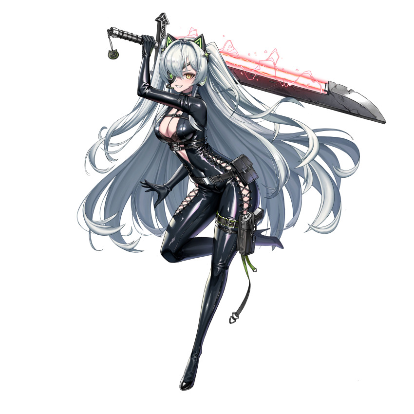 1girl 2v_(joyeong) animal_charm animal_ear_headphones animal_ears artificial_eye belt belt_pouch black_belt black_bodysuit black_footwear bodysuit bra breasts broken broken_sword broken_weapon cat_ear_headphones catsuit charm_(object) chipped_sword cleavage clothing_cutout covered_navel cyclops_princess_(last_origin) energy energy_sword eyepatch fake_animal_ears full-length_zipper full_body grey_hair grin gun hair_ornament headphones high_heels highres holding holding_sword holding_weapon holster holstered huge_weapon knee_up last_origin latex latex_bodysuit long_hair looking_at_viewer mechanical_eye medium_breasts multiple_belts official_alternate_costume official_art partially_unzipped pouch side_cutout skin_tight slit_pupils smile solo standing standing_on_one_leg star_(symbol) star_hair_ornament sword tachi-e thigh_belt thigh_holster thigh_strap transparent_background twintails two_side_up underwear very_long_hair weapon yellow_eyes zipper