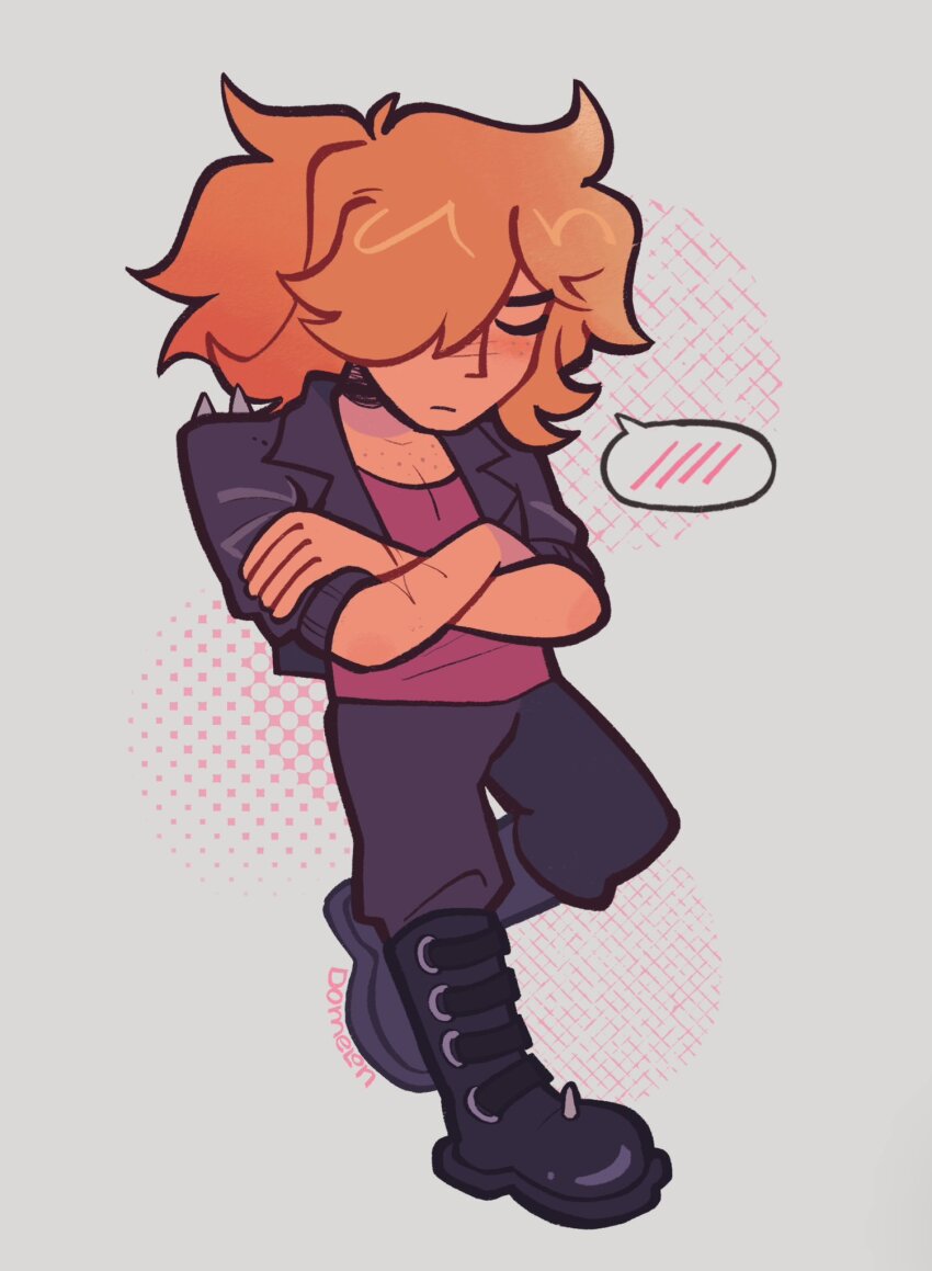 1girl artist_name black_boots black_jacket black_pants boots closed_eyes closed_mouth commentary commission crossed_arms domelonch full_body hair_over_one_eye highres jacket knee_boots nerd_and_jock nose one_eye_covered orange_hair pants red_shirt shirt solo speech_bubble tiger_(nerd_and_jock)