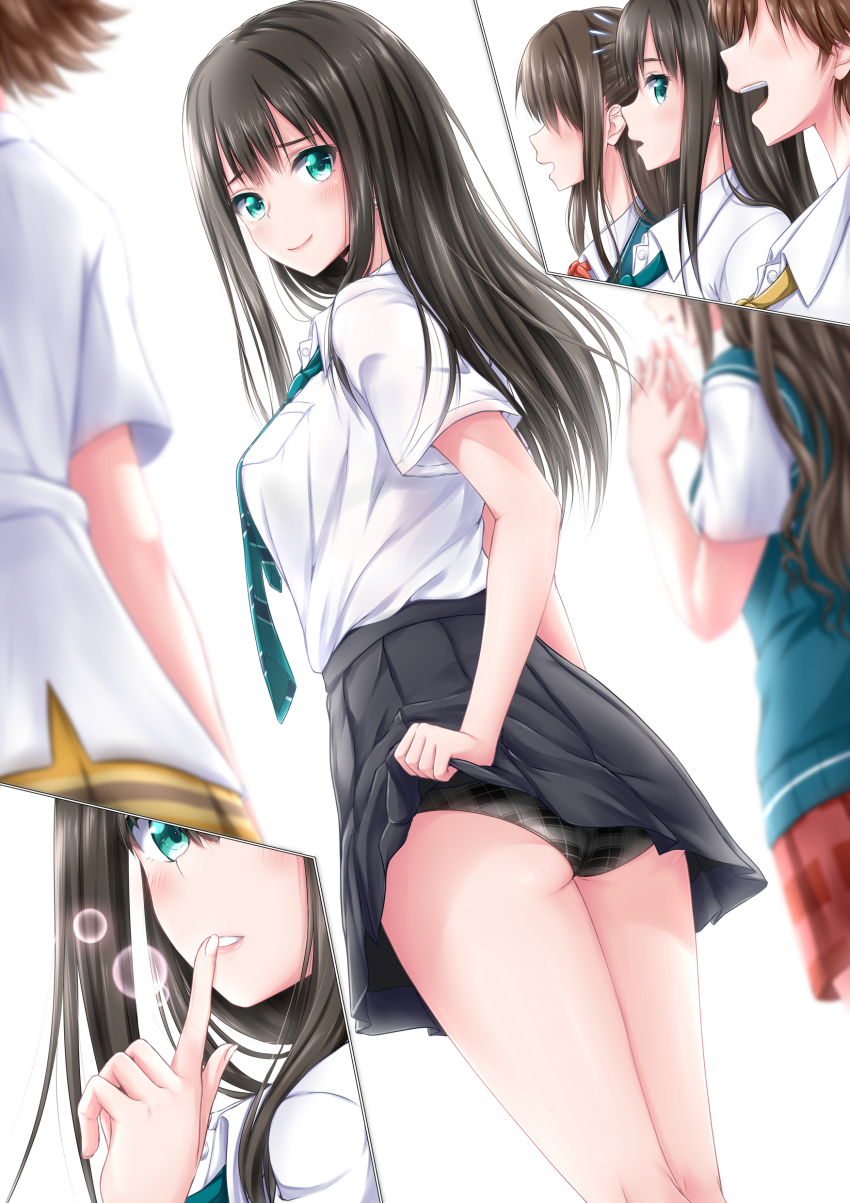 3girls absurdres black_hair black_panties blue_eyes blush clothes_lift commentary finger_to_mouth highres idolmaster idolmaster_cinderella_girls legs looking_at_viewer looking_back multiple_girls necktie new_generations_(idolmaster) oosato_haya panties pantyshot school_uniform shibuya_rin simple_background skirt skirt_lift smile thighs underwear white_background