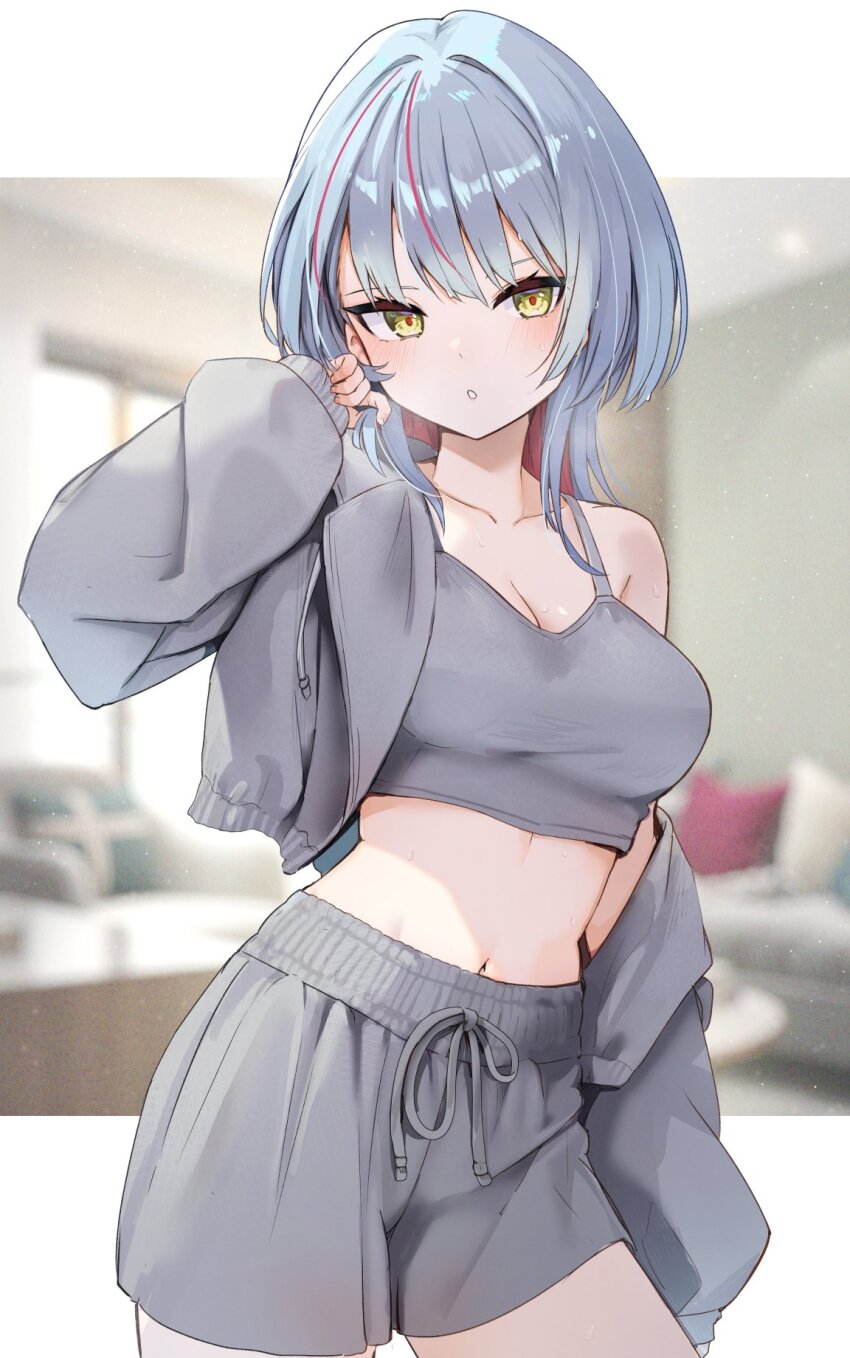 1girl asamiya_ririse blue_hair blush breasts chotto_sensou_katte_kuru cleavage colored_inner_hair grey_jacket grey_shorts grey_sports_bra highres isegawa_yasutaka jacket large_breasts multicolored_hair navel open_clothes open_jacket parted_lips pink_hair short_hair shorts solo sports_bra streaked_hair yellow_eyes