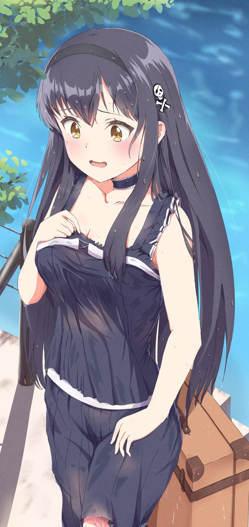 1girl absurdres bare_arms bare_shoulders black_camisole black_choker black_hair black_hairband black_skirt blush bone_hair_ornament breasts camisole choker cleavage collarbone commentary_request cowboy_shot day eyebrows_hidden_by_hair frilled_camisole frilled_choker frills hair_between_eyes hair_ornament hair_over_shoulder hairband hand_up highres kaai_yuu kushima_kamome long_hair looking_down medium_breasts medium_skirt ocean open_mouth outdoors ringed_eyes rolling_suitcase see-through_clothes shore sidelocks skirt skull_and_crossbones skull_hair_ornament smile solo straight_hair suitcase summer_pockets very_long_hair wet wet_clothes wet_hair yellow_eyes