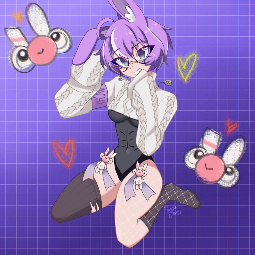 animal_ears anime_chow fishnets highres indie_virtual_youtuber jared_(michi_mochievee) michi_mochievee michi_mochievee_(bunny) price_tag purple_hair rabbit_ears socks sweater swimsuit vshojo