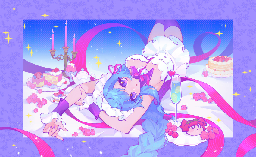 1girl 52222er absurdres arms_up between_breasts blue_hair border braid breasts buro_(muse_dash) buro_(pilot)_(muse_dash) cake cake_slice candelabra candle candlestand champagne_flute cup detached_collar dress drink drinking_glass flower food frilled_dress frilled_wrist_cuffs frills gelatin hairband highres large_breasts long_hair lying maid maid_headdress marija_(maid)_(muse_dash) marija_(muse_dash) muse_dash nail_polish neck_ribbon official_art on_back pink_flower pink_ribbon plate purple_border purple_eyes purple_nails purple_thighhighs purple_wrist_cuffs ribbon ribbon_between_breasts second-party_source single_braid sleeveless sleeveless_dress solo sparkle spoon strawberry_cake teapot thighhighs white_dress white_hairband wrist_cuffs