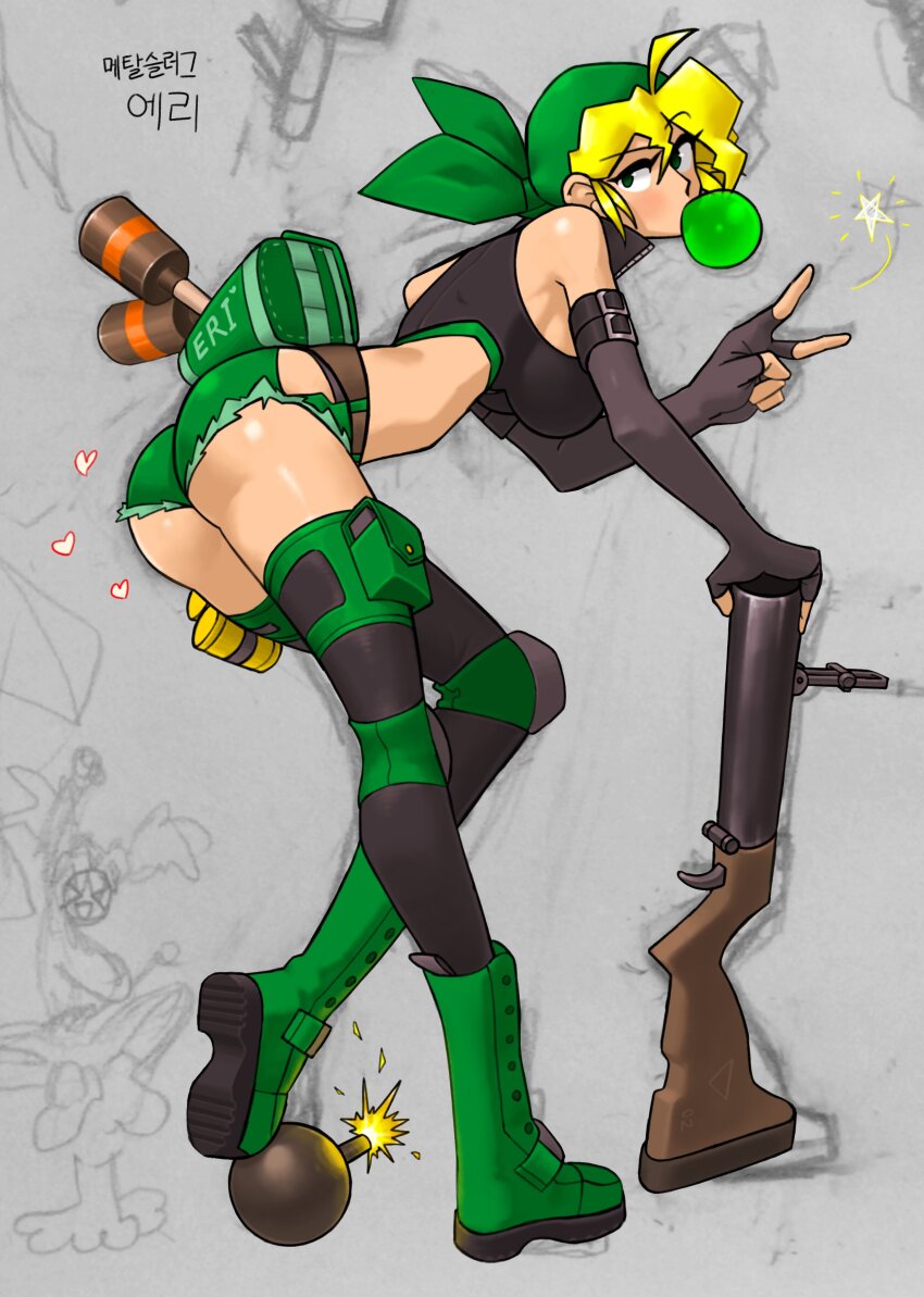 1girl absurdres ass ayamune_eri bandana belt_buckle black_shirt blonde_hair bomb boots break-action_grenade_launcher breasts buckle chewing_gum crop_top emptyskull302 explosive fingerless_gloves gloves green_bandana green_boots green_eyes grenade_launcher gun highres holding holding_gun holding_weapon m79 metal_slug shirt snk stick_grenade v weapon