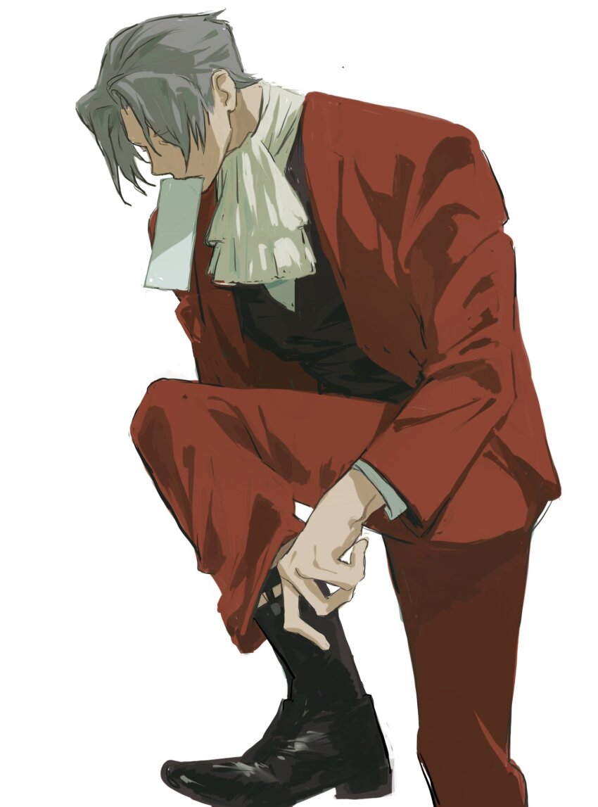1boy ace_attorney adjusting_footwear ascot black_boots black_vest boots closed_eyes curtained_hair foot_out_of_frame formal_clothes grey_hair highres jacket layered_sleeves leg_up long_sleeves male_focus miles_edgeworth open_clothes open_jacket pants paper_in_mouth red_jacket red_pants red_suit shirt short_hair simple_background solo sotenborii standing standing_on_one_leg suit suit_jacket vest white_ascot white_background white_shirt