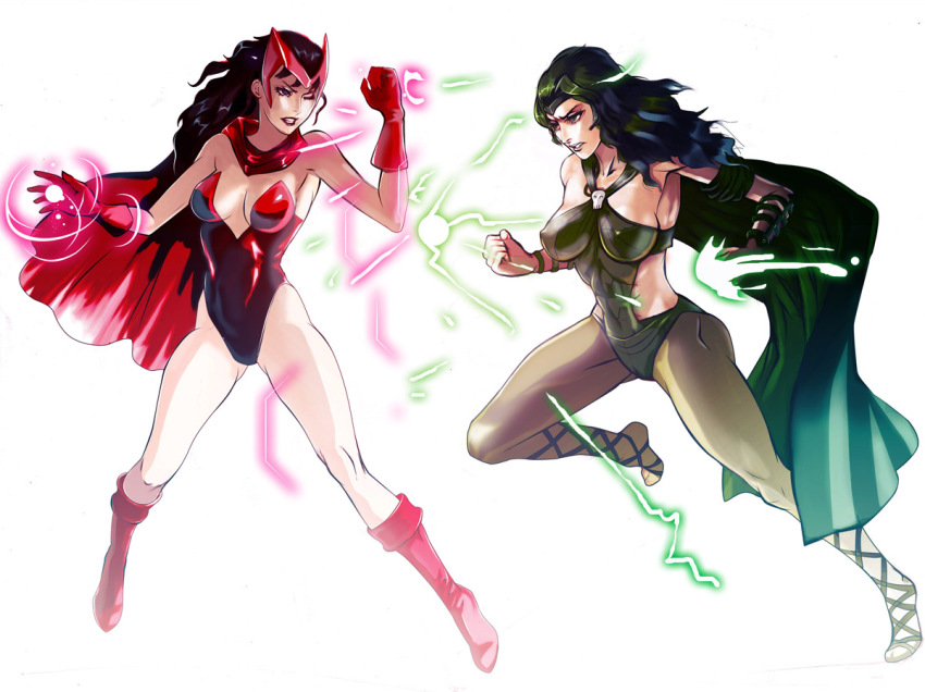 10s 2girls animification boots breasts brown_eyes brown_hair cape covered_erect_nipples green_eyes green_hair helmet leotard long_hair lorna_dane magic marvel medium_breasts mikazuki_shigure multiple_girls pantyhose polaris_(x-men) red_leotard scarlet_witch siblings sisters spandex wanda_maximoff x-men