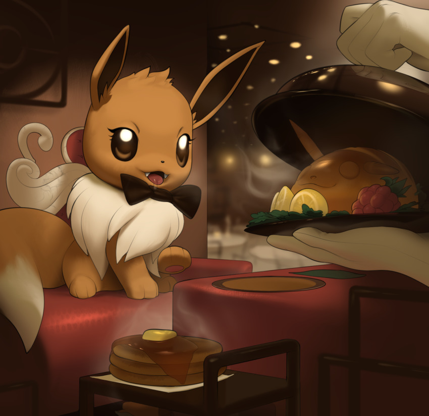 1other :3 ambiguous_gender animal_focus berry_(pokemon) black_bow black_bowtie bow bowtie bread brown_eyes butter clothed_pokemon disembodied_hand drooling eevee fangs fluffy food foodification fruit full_body fur_collar gen_1_pokemon gloves happy highres hungry indoors inkune leaf lemon nintendo open_mouth pancake pawpads pikachu plate pokemon pokemon_(creature) razz_berry reflection saliva serving_dome sitting smile solo_focus steam syrup table white_gloves