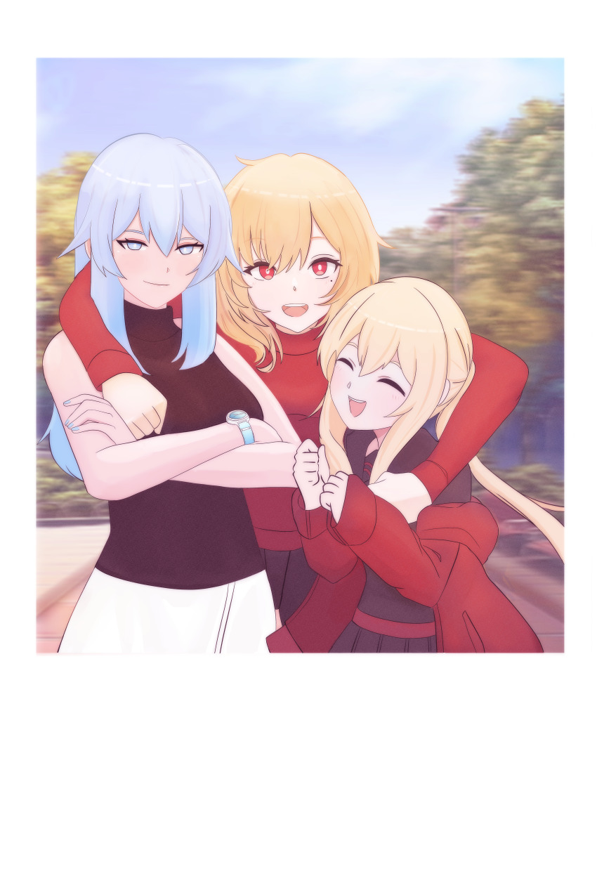 3girls absurdres arms_around_neck bare_shoulders black_pants black_shirt black_skirt black_sweater blonde_hair blue_eyes blue_nails blue_sky blurry blurry_background blush border breasts bush clenched_hands closed_mouth crossed_arms dated_commentary day fake_photograph family fingernails group_picture hair_between_eyes highres jacket leaf long_hair long_sleeves looking_at_viewer medium_breasts medium_hair mole mole_under_eye multiple_girls off_shoulder open_mouth original outdoors pants pixcy_(pixcy5) pleated_skirt polaroid_photo ponytail puffy_short_sleeves puffy_sleeves red_eyes red_jacket red_sweater shirt short_sleeves sidelocks skirt sky sleeveless sleeveless_sweater smile sweater teeth tree turtleneck turtleneck_sweater upper_teeth_only water white_background white_border