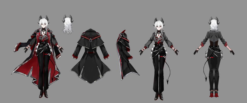 1girl absurdres alternate_costume black_coat black_eyes black_gloves black_horns black_pants black_shoes black_tail breasts coat commentary curled_horns demon_tail gloves grey_background grey_shirt hair_between_eyes high_heels highres horns large_breasts long_hair long_sleeves looking_at_viewer multiple_views pants reference_sheet shirt shirt_tucked_in shoes simple_background tail white_hair wuthering_waves ye_hua_bai_liu zani_(wuthering_waves)