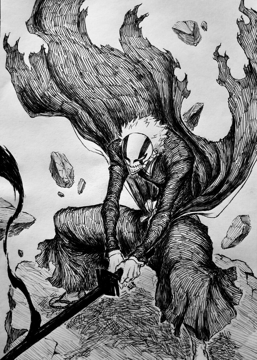 1boy absurdres bankai bleach chronozbergh debris greyscale hakama highres holding holding_sword holding_weapon hollow_mask hunched_over japanese_clothes kurosaki_ichigo male_focus monochrome sandals socks solo sword tabi tensa_zangetsu_(bankai) torn_clothes traditional_media waraji weapon