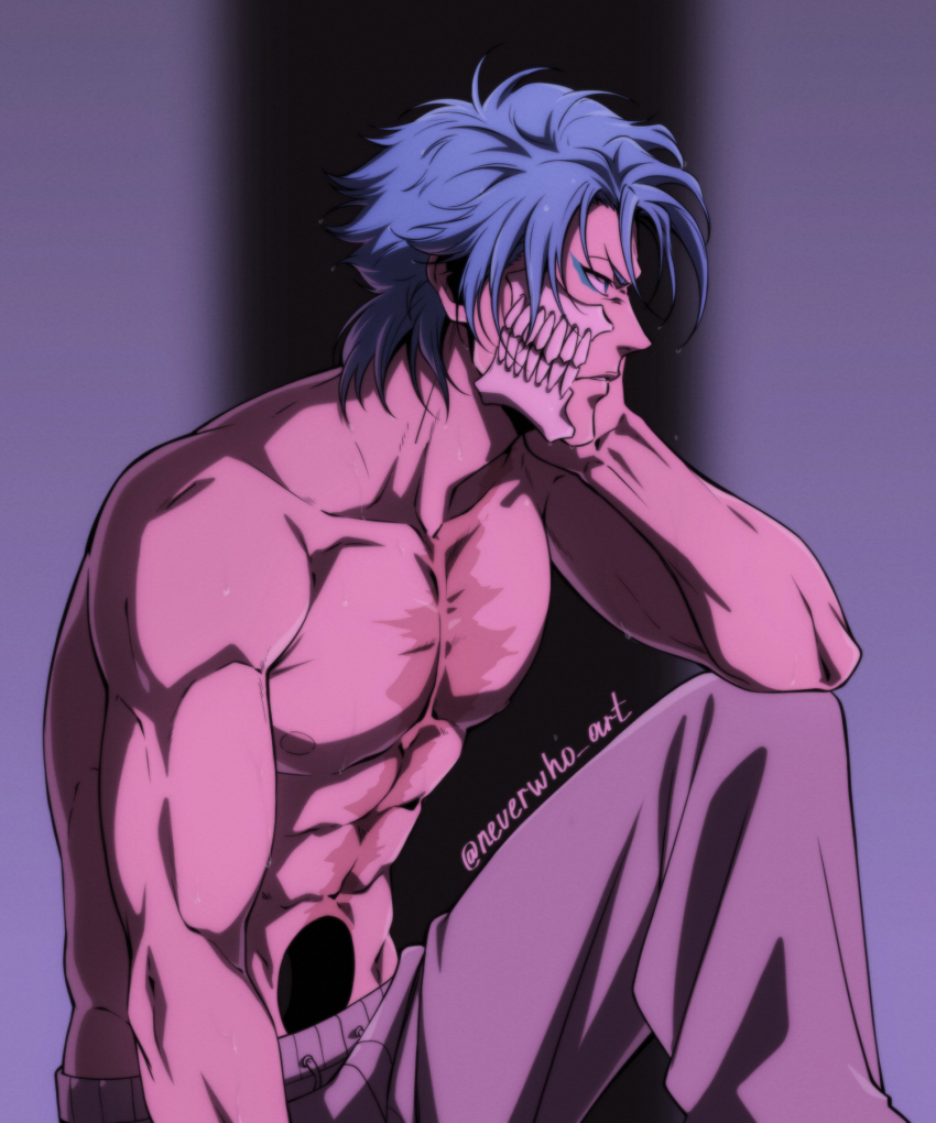 1boy abs arm_on_knee arrancar artist_name bleach blue_eyes broken_mask collarbone drawstring facial_mark grimmjow_jaegerjaquez hand_on_own_cheek hand_on_own_face highres hole_in_stomach hole_on_body male_focus mask muscular muscular_male neverwho_art parted_lips scar scar_on_chest solo topless_male wet wet_hair