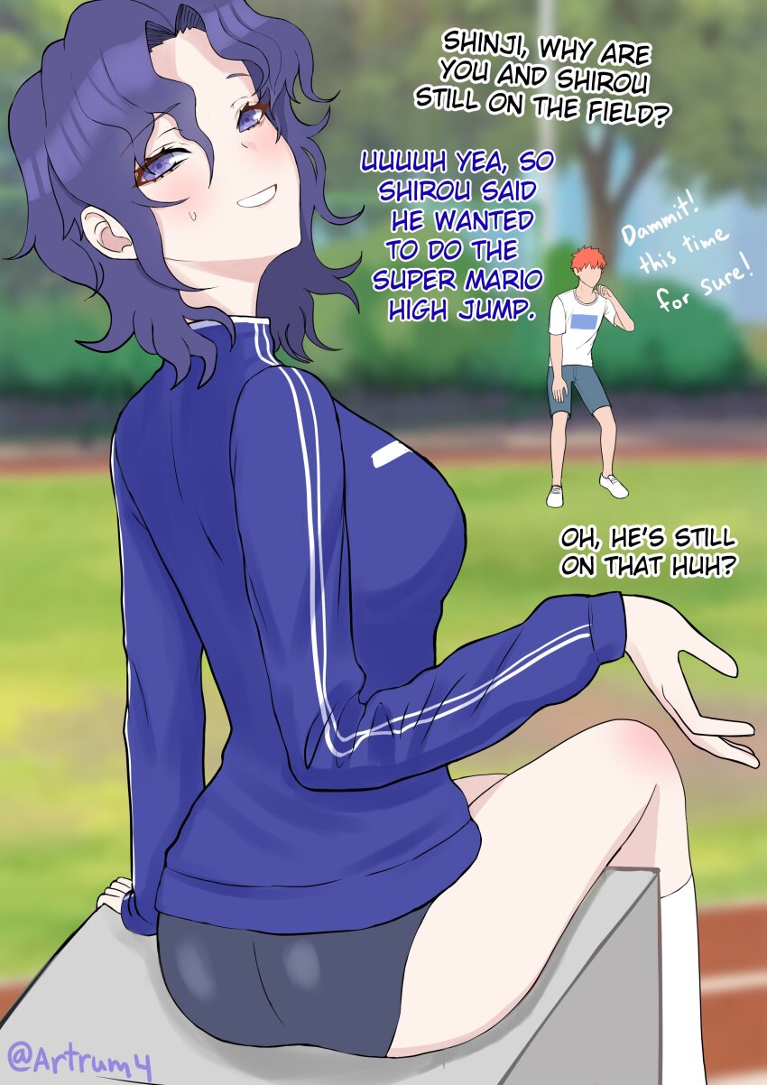1boy 1girl absurdres artrum4 ass black_buruma blue_eyes blue_hair blue_jacket blue_shorts blurry blurry_background blush buruma commentary emiya_shirou english_commentary english_text fate/stay_night fate_(series) genderswap genderswap_(mtf) highres jacket long_sleeves looking_at_viewer matou_shinji outdoors red_hair shirt short_hair shorts sitting sweatdrop track_jacket twitter_username white_shirt