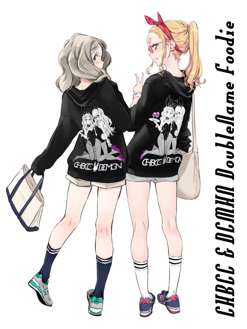2girls artist_collaboration bag blonde_hair blue_eyes character_print chibikko_(morihito) dekomegane full_body glasses green_eyes grey_hair highres hood hoodie leotard long_hair looking_at_viewer looking_back morihito multiple_girls original playboy_bunny ponytail red-framed_eyewear sasetsu shoes short_shorts shorts smile sneakers socks thick_eyebrows v