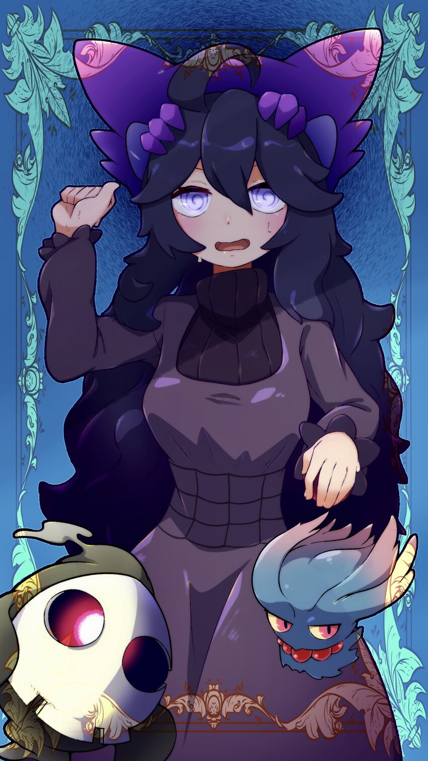 1girl @_@ absurdres afuron black_hair blue_background blush breasts commentary_request dress duskull framed gen_1_pokemon gen_2_pokemon gen_3_pokemon hair_between_eyes hand_up haunter hex_maniac_(pokemon) highres long_hair long_sleeves looking_at_viewer medium_breasts misdreavus nintendo open_mouth pokemon pokemon_(creature) pokemon_xy sweat