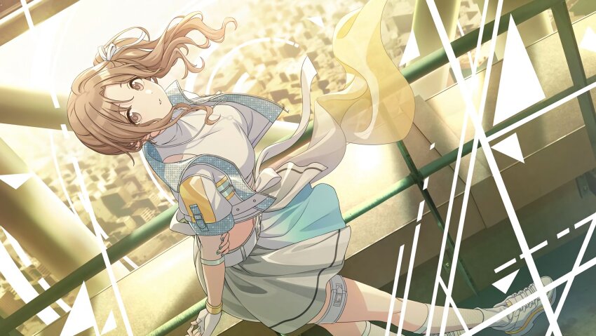 belt brown_hair gloves highres ichikawa_hinana idolmaster idolmaster_shiny_colors jewelry long_hair nail_polish necklace official_art shoes side_ponytail sneakers standing white_belt white_gloves