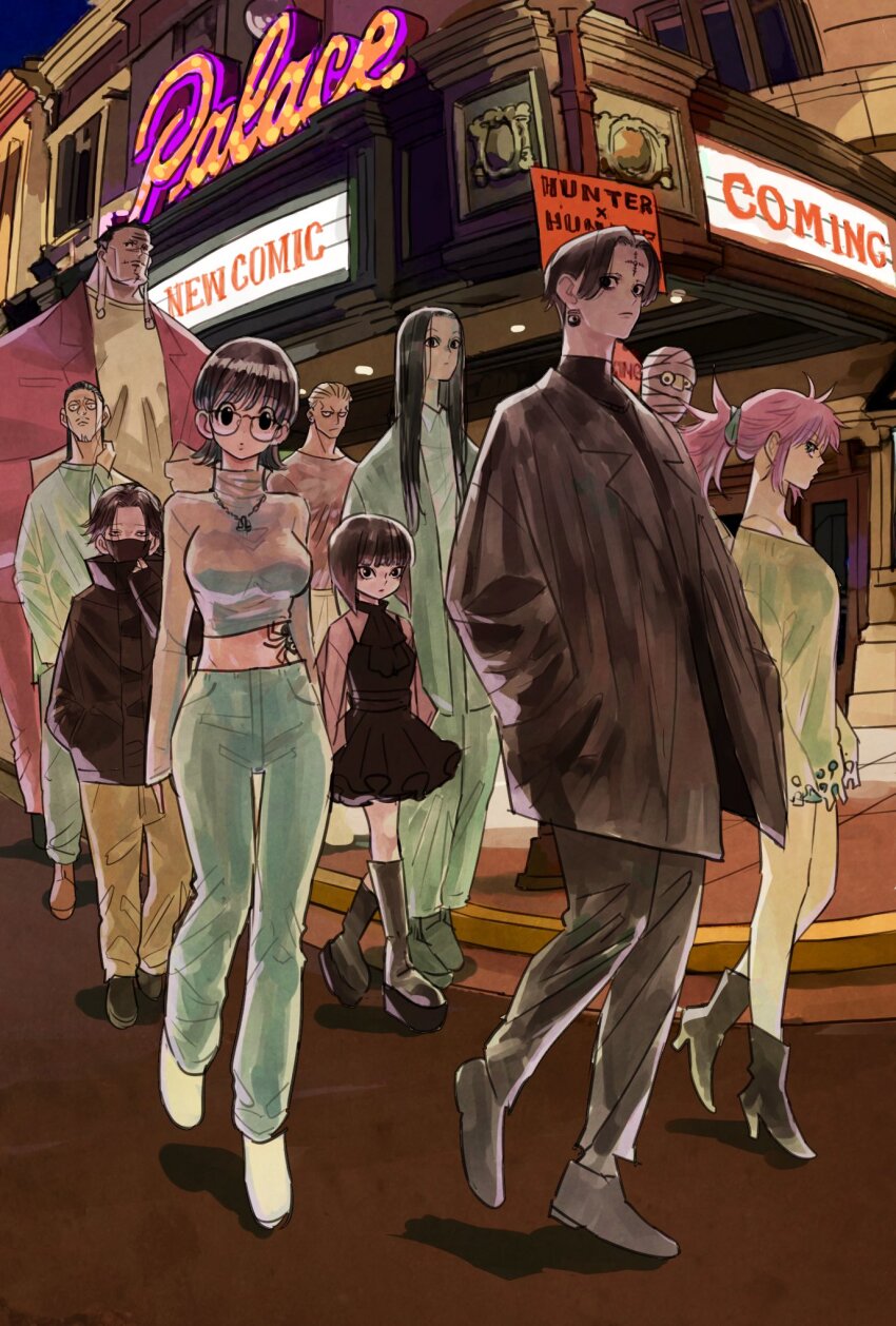 2girls 6+boys ankle_boots bandages black_dress black_footwear black_hair black_jacket black_shirt black_socks blonde_hair blue_pants blue_shorts bob_cut bonolenov_ndongo boots breasts brothers brown_pants child chrollo_lucilfer covered_mouth crop_top crossdressing dress earrings facial_hair facial_mark feitan_portor forehead_mark franklin_bordeau glasses hair_down hair_slicked_back hand_on_own_neck hand_up hands_in_pockets high_heel_boots high_heels highres hunter_x_hunter illumi_zoldyck inverted_bob jacket jewelry kalluto_zoldyck kneehighs korutopi large_breasts long_earlobes long_hair looking_at_viewer machi_komacine mask medium_breasts midriff mouth_mask movie_theater multiple_boys multiple_girls night nobunaga_hazama off_shoulder outdoors pakunoda pants phinks_magcub platform_footwear ponytail profile road shirt shizuku_murasaki short_dress short_hair shorts siblings sidelocks socks spider_tattoo stomach_tattoo straight_hair street stubble takeuchi_ryousuke tattoo trap turtleneck walking white_footwear