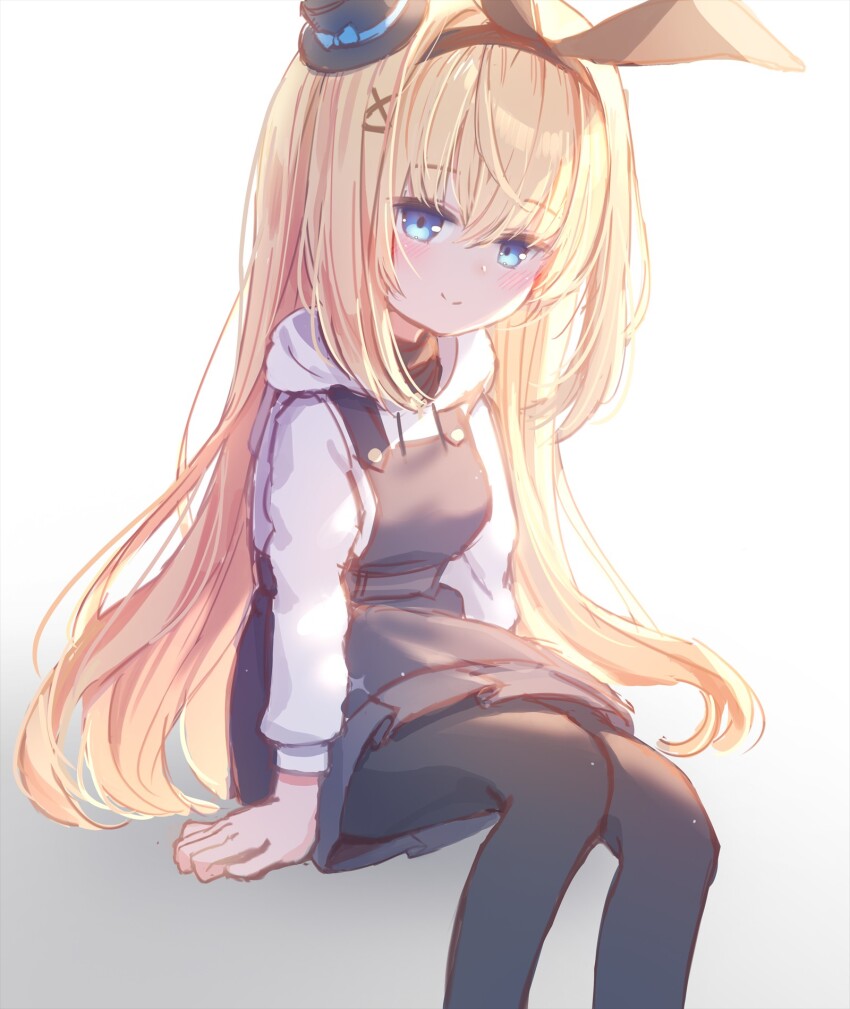 1girl animal_ears black_dress black_hairband black_pantyhose black_ribbon blonde_hair blue_eyes blush breasts closed_mouth drawstring dress fake_animal_ears feet_out_of_frame gradient_background grey_background hair_between_eyes hair_ornament hair_ribbon hairband hairclip hat highres hood hood_down hoodie kannya_(nzkannya) long_hair long_sleeves looking_at_viewer mini_hat mini_top_hat overall_skirt pantyhose pinafore_dress puffy_long_sleeves puffy_sleeves rearalice_(vrchat) ribbon shirt sitting sleeveless sleeveless_dress smile solo tilted_headwear top_hat very_long_hair vrchat white_background white_hoodie x_hair_ornament
