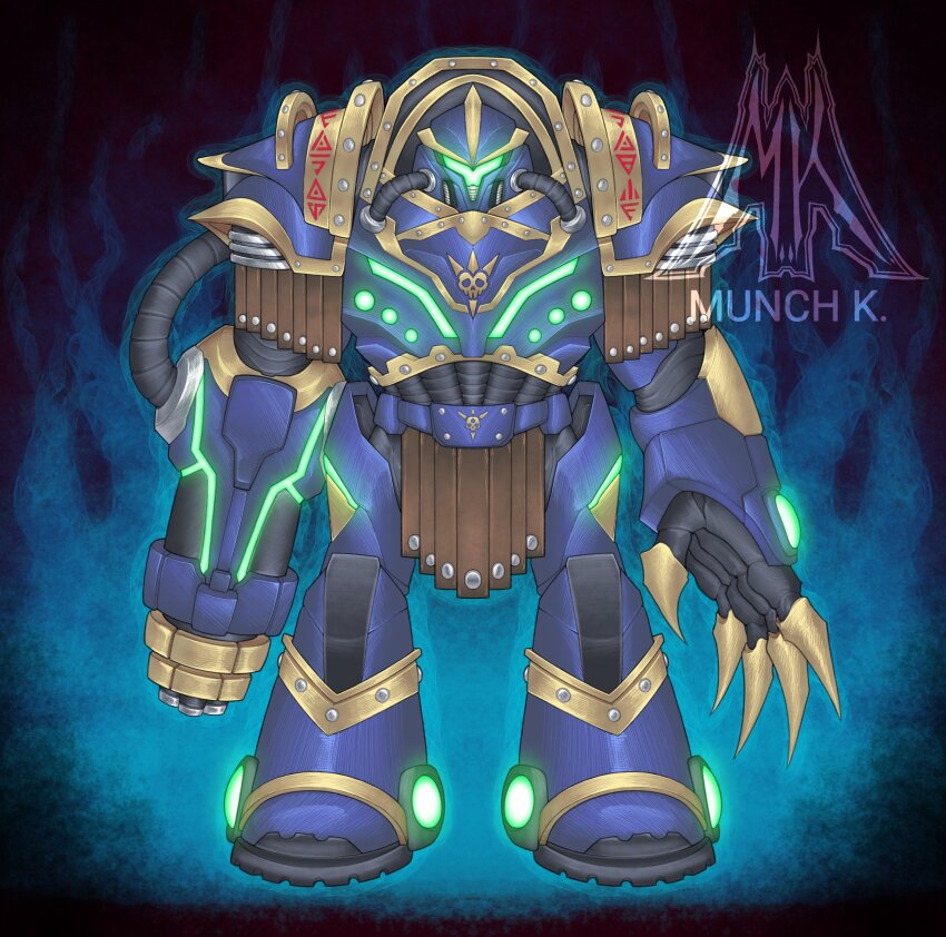 1girl absurdres adeptus_astartes arm_cannon armor artist_logo artist_name blue_armor blue_background clawed_gauntlets commentary crossover english_commentary facing_viewer full_body fusion glowing_lines gold_trim green_light green_visor highres hose lightning_claw logo metroid munch_k nintendo pelvic_curtain power_armor power_suit power_suit_(metroid) rivets samus_aran science_fiction skull_ornament solo ultramarines visor_(armor) warhammer_40k weapon