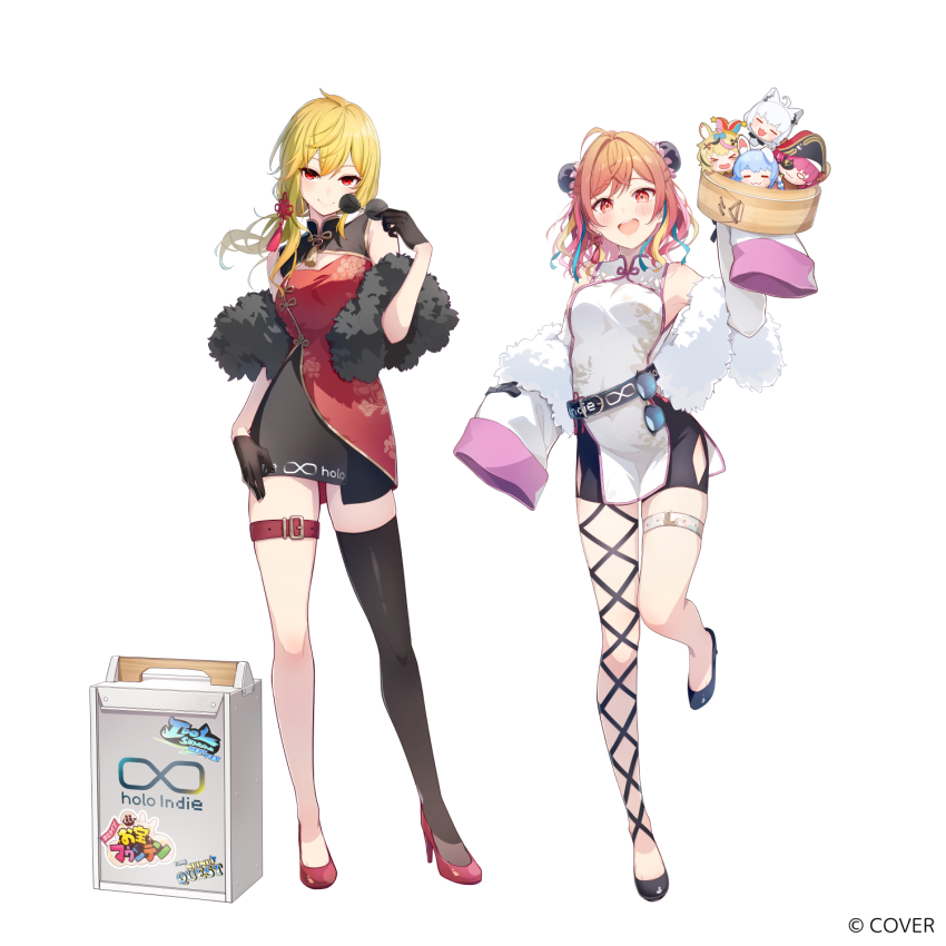 2girls :d asymmetrical_legwear bamboo_steamer bare_shoulders belt black_dress black_gloves black_shoes black_thighhighs blonde_hair brat_(brabrabrat00) bun_cover chibi china_dress chinese_clothes cleavage_cutout clothing_cutout copyright_name criss-cross_straps detached_sleeves double-parted_bangs double_bun dress full_body fur_shawl gloves hair_bun high_heels highres holding_bamboo_steamer hololive hololive_dev_is hololive_indonesia houshou_marine ichijou_ririka kaela_kovalskia long_hair mandarin_collar miniskirt multiple_girls official_alternate_costume official_alternate_hairstyle official_art okamochi_(container) omaru_polka open_mouth orange_hair pelvic_curtain red_dress red_eyes red_shoes shawl shirakami_fubuki shoes simple_background single_thighhigh skirt sleeves_past_wrists smile standing standing_on_one_leg thigh_belt thigh_strap thighhighs two-tone_dress usada_pekora virtual_youtuber white_background white_dress