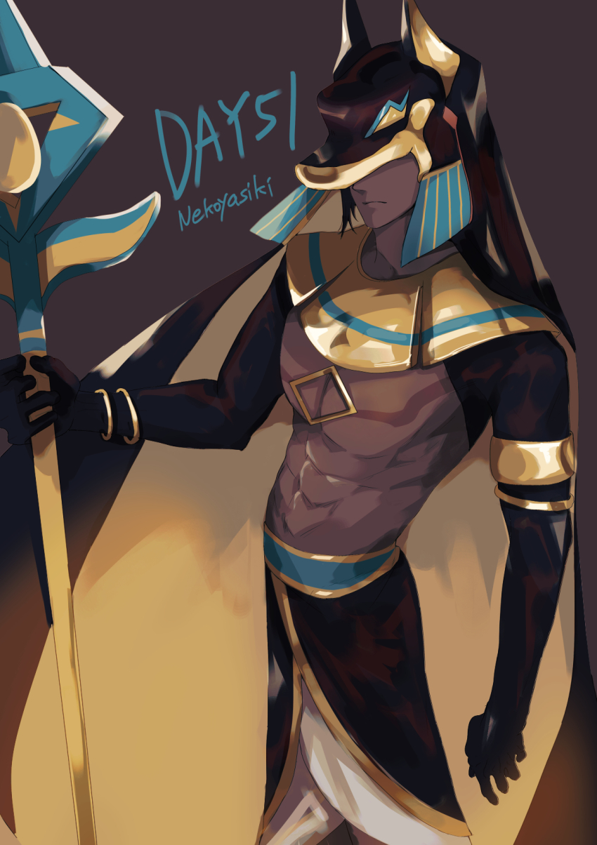 1boy ancient_egyptian_architecture ancient_egyptian_clothes ancient_egyptian_hat anubis_(mythology) artist_name blue_hair burnt_cheese_cookie cookie_run covered_eyes dark-skinned_male dark_skin expressionless from_side highres holding holding_staff humanization male_focus nekoyasiki33 personification solo staff