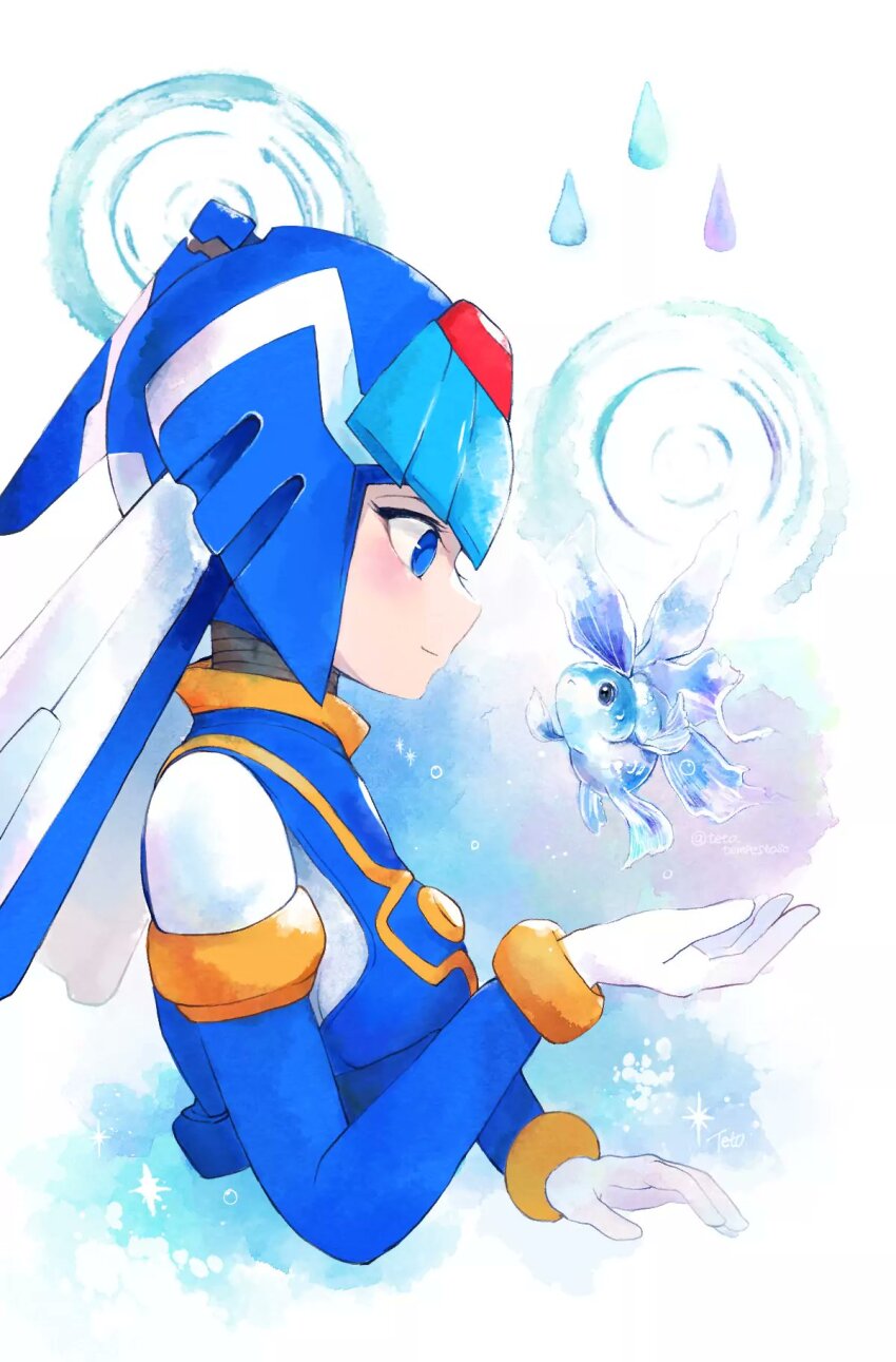 1girl android artist_name blue_eyes blue_helmet closed_mouth commentary_request fairy_leviathan_(mega_man) fish from_side helmet highres light_blush mega_man_(series) mega_man_zero_(series) smile solo teto_(y3832) water_drop white_background