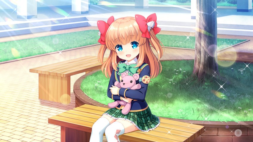 1girl bench blazer blue_eyes blue_jacket blush bow brown_hair day female_focus girlfriend_(kari) green_skirt hair_bow jacket long_hair official_art open_mouth outdoors park plaid_clothes plaid_skirt qp:flapper ribbon school_uniform shirt sitting skirt smile solo stuffed_animal stuffed_toy teddy_bear thighhighs two_side_up white_shirt white_thighhighs yuuki_nae