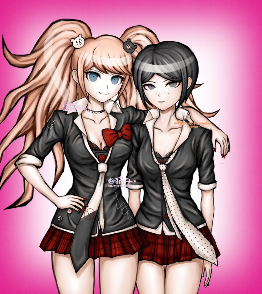 2girls black_hair blonde_hair breasts cleavage cosplay danganronpa:_trigger_happy_havoc danganronpa_(series) enoshima_junko enoshima_junko_(cosplay) highres ikusaba_mukuro incest looking_at_viewer multicolored_hair multiple_girls nekotonamiko pink_background siblings simple_background sisters tagme twincest twins white_background yuri