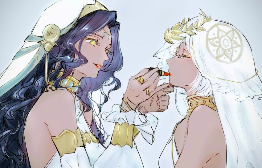 2girls black_hair character_request dark-skinned_female dark_skin detached_sleeves dress gold_armlet gold_collar gold_ring grey_background highres jyouu9s laurel_crown long_hair multiple_girls punishing:_gray_raven short_hair sophia_(pgr) veil white_dress white_hair white_sleeves white_veil yellow_eyes