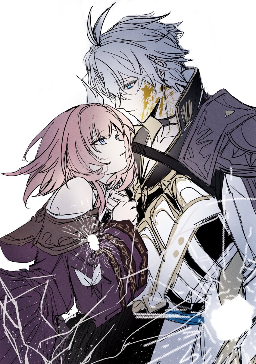 1boy 1girl ahoge armor blood blood_on_face blue_eyes broken_glass coat cyrene_(honkai:_star_rail) glass gold_blood hashtag-only_commentary highres honkai:_star_rail honkai_(series) ilsijeongj2213 looking_at_viewer pauldrons phainon_(honkai:_star_rail) pink_hair purple_coat short_hair shoulder_armor simple_background single_pauldron white_background white_coat white_hair