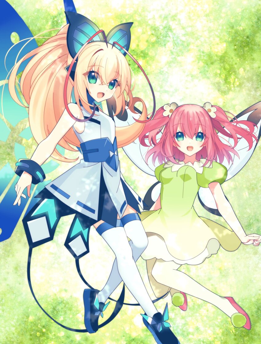 2girls antenna_hair aqua_eyes azure_striker_gunvolt azure_striker_gunvolt_2 black_shoes blonde_hair breasts butterfly_hair_ornament butterfly_wings clenched_hand company_connection crossover dress energy_wings fairy fairy_wings flower full_body genjitsu_no_yohane green_background green_dress green_thighhighs hair_between_eyes hair_flower hair_ornament headphones high_ponytail highres insect_wings kurosawa_ruby lololotton long_hair looking_at_viewer love_live! love_live!_sunshine!! lumen_(gunvolt) medium_hair multicolored_dress multicolored_thighhighs multiple_girls open_mouth pink_hair ponytail red_hair red_shoes ruby_(genjitsu_no_yohane) shoes small_breasts smile thighhighs trait_connection two_side_up wings